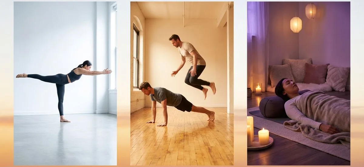 Montaje con tres estilos de yoga: un equilibrio de pie, una plancha y una relajación con velas