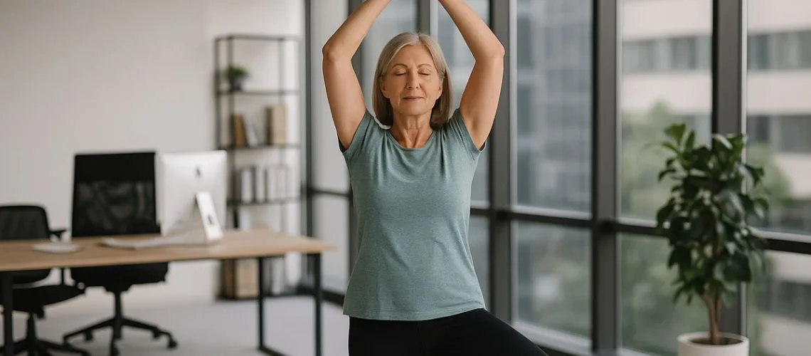 mujer mayor haciendo la postura del arbol de yoga en una oficina