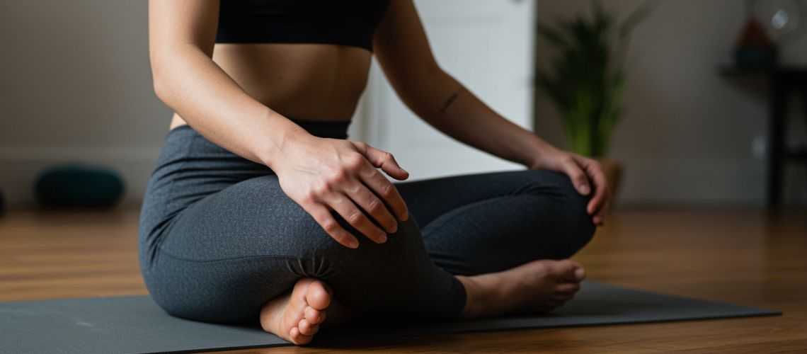 detalles de sukhasana o postura fácil en yoga