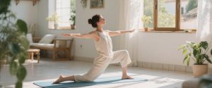 mujer haciendo postura de yoga en verano