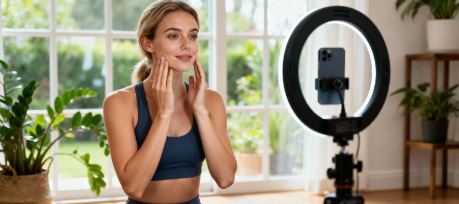 influencer haciendo yoga facial para sus seguidores