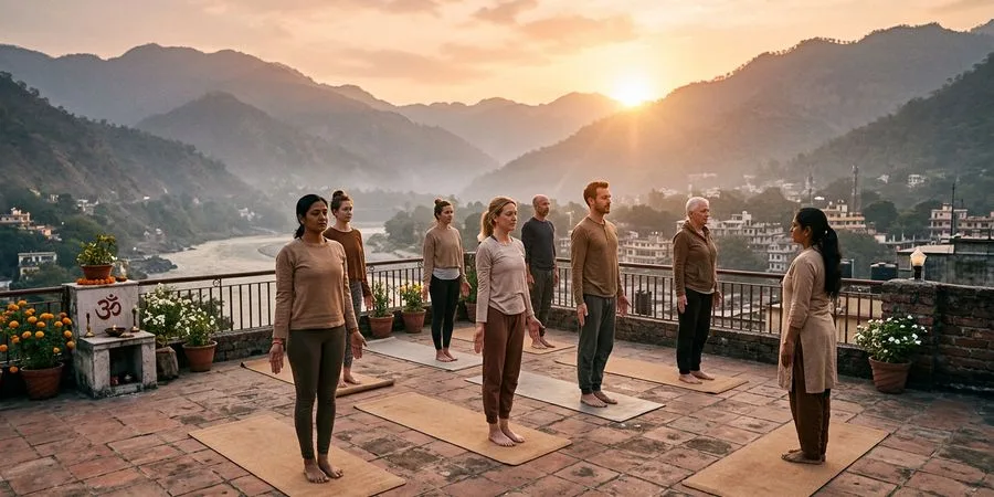 Groupe pratiquant Tadasana sur une terrasse à l'aube face aux montagnes