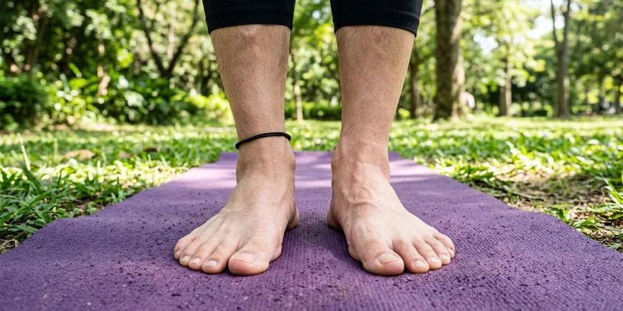 Gros plan des pieds nus posés sur le tapis en Tadasana
