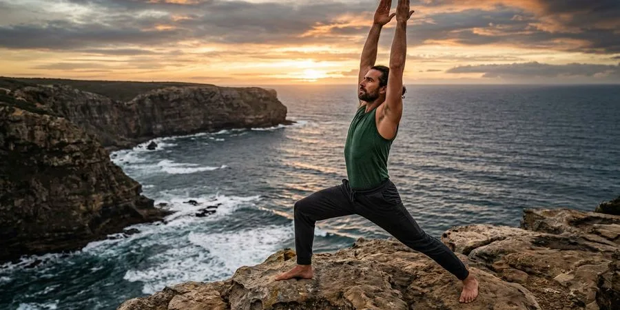 Man in Virabhadrasana I on a clifftop at sunset facing the sea