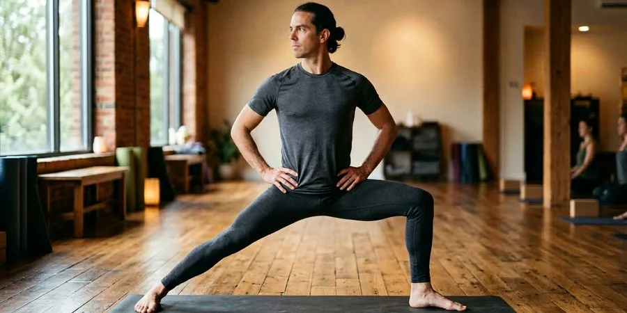 Man in Virabhadrasana I during a class, with other students in the background