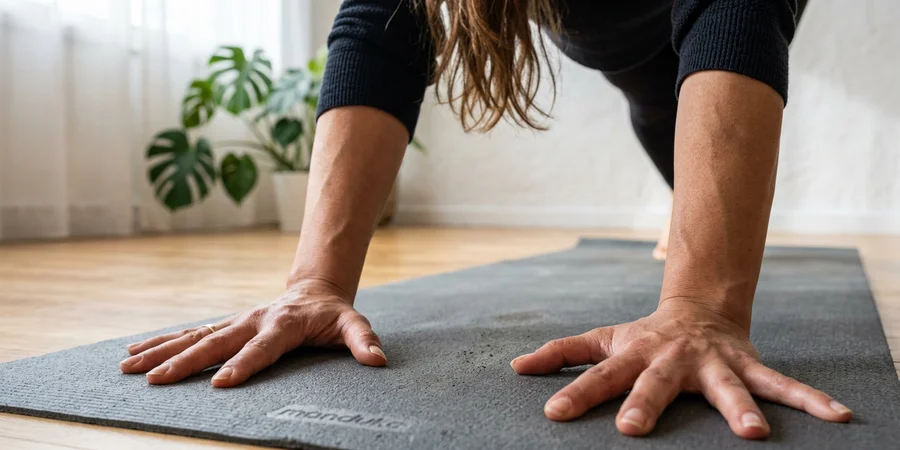 Primer plano de la colocación de las manos en Chakrasana, con los dedos extendidos y apuntando hacia los hombros, mostrando la alineación correcta de las muñecas