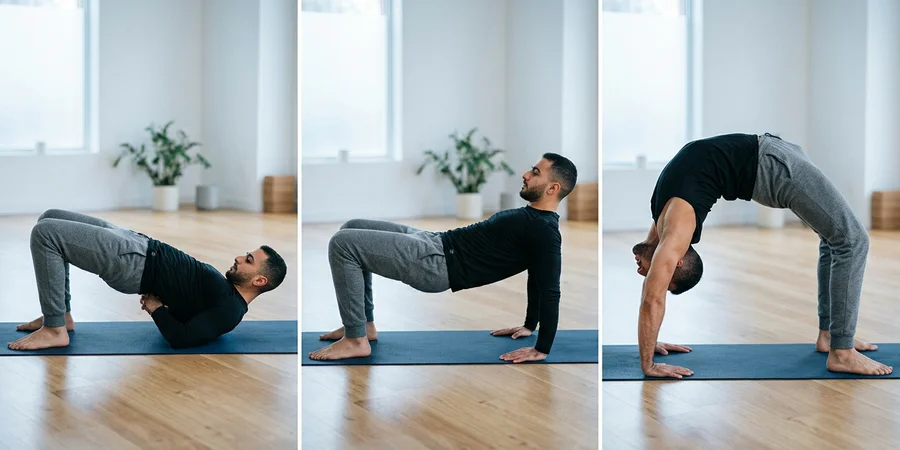 Secuencia visual de la progresión desde el puente bajo hasta Chakrasana completa, mostrando tres fases de elevación en un estudio luminoso
