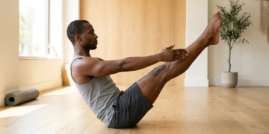 Vista lateral de una practicante en Navasana con la espalda recta, el pecho elevado y las piernas extendidas en V sobre la esterilla