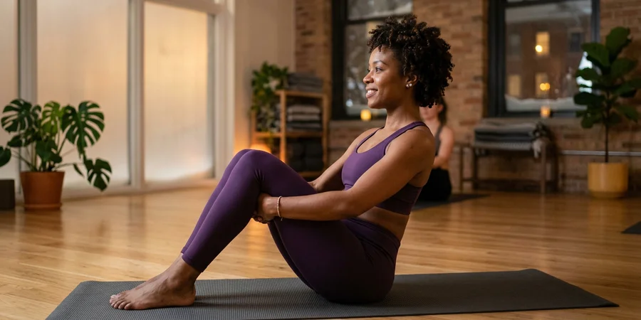 Practicante en la variante de Navasana con rodillas flexionadas, manos apoyadas en la parte trasera de los muslos para mantener la columna larga