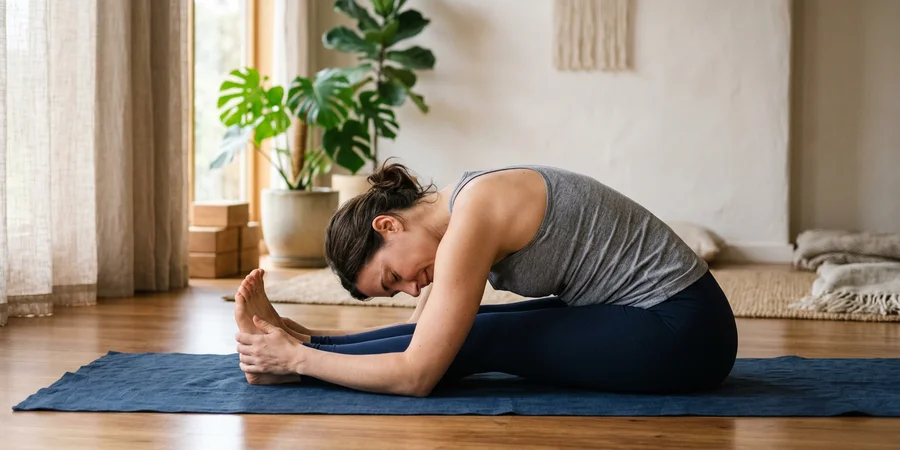 Vista lateral de una practicante en Paschimottanasana mostrando la flexión desde la cadera con la columna larga y los pies activos en dorsiflexión