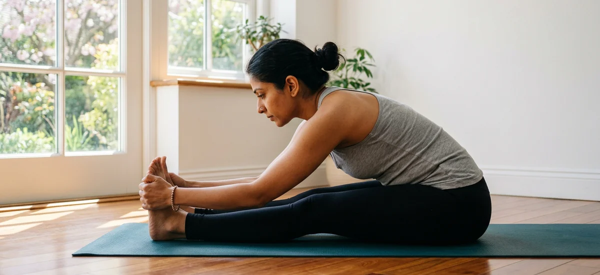 Practicante de yoga en Paschimottanasana usando un cinturón alrededor de los pies para mantener la columna larga durante la flexión