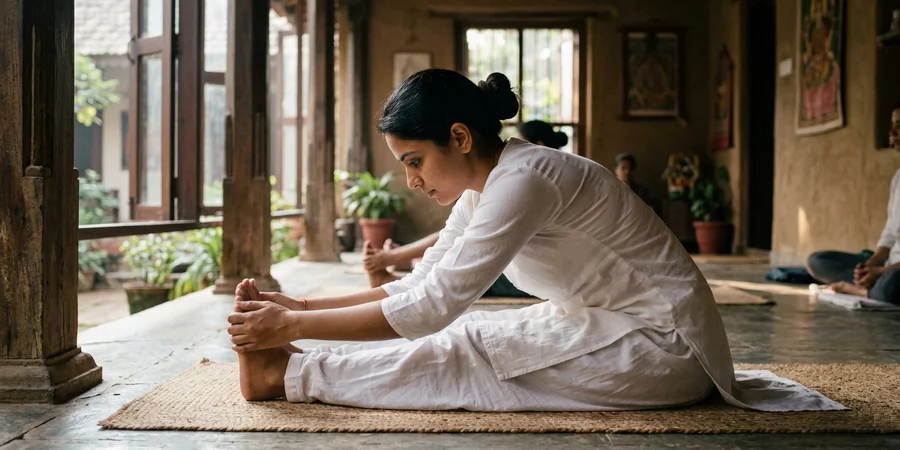 Practicante sosteniendo Paschimottanasana en una shala tradicional india con suelo de piedra y luz matinal entrando por las ventanas