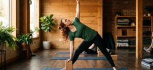 Mujer practicando Trikonasana en un estudio luminoso, con una mano apoyada sobre un bloque de corcho y el brazo superior extendido hacia el techo