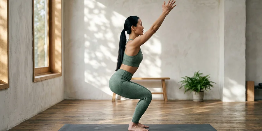 Vista lateral de una practicante en Utkatasana con la pelvis retrocedida, las rodillas sobre los tobillos y la columna larga en extension