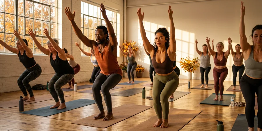 Clase de yoga con grupo diverso de practicantes sosteniendo Utkatasana juntos en un estudio luminoso con luz calida