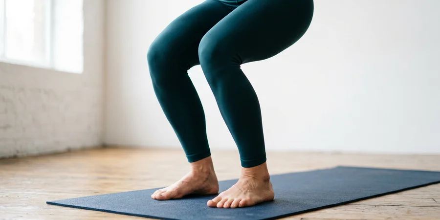 Primer plano de las piernas en Utkatasana mostrando rodillas sobre tobillos, pies paralelos y peso distribuido en los talones sobre una esterilla azul