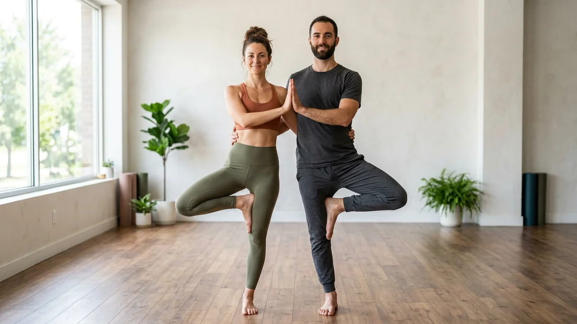 Coppia nella posizione dell'albero, Vrksasana in coppia, una posizione yoga per due persone
