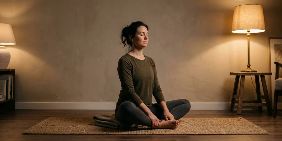 Practicante de yoga en una postura suave de suelo con luz tenue antes de dormir