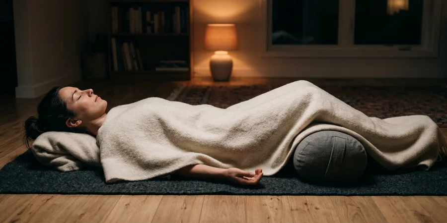 Práctica de Yoga Nidra tumbado con manta y apoyo bajo las rodillas