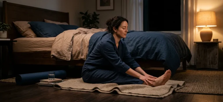Mujer practicando yoga suave en el dormitorio con luz cálida antes de dormir